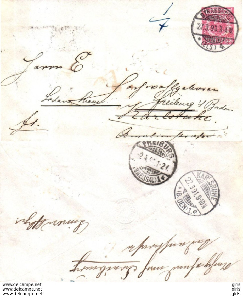 Allemagne - Lettre Poststempel Strassburg ELS 4 1891 - Freiburg 1891 - Karlsruhe (Baden) 1891 - Sonstige & Ohne Zuordnung