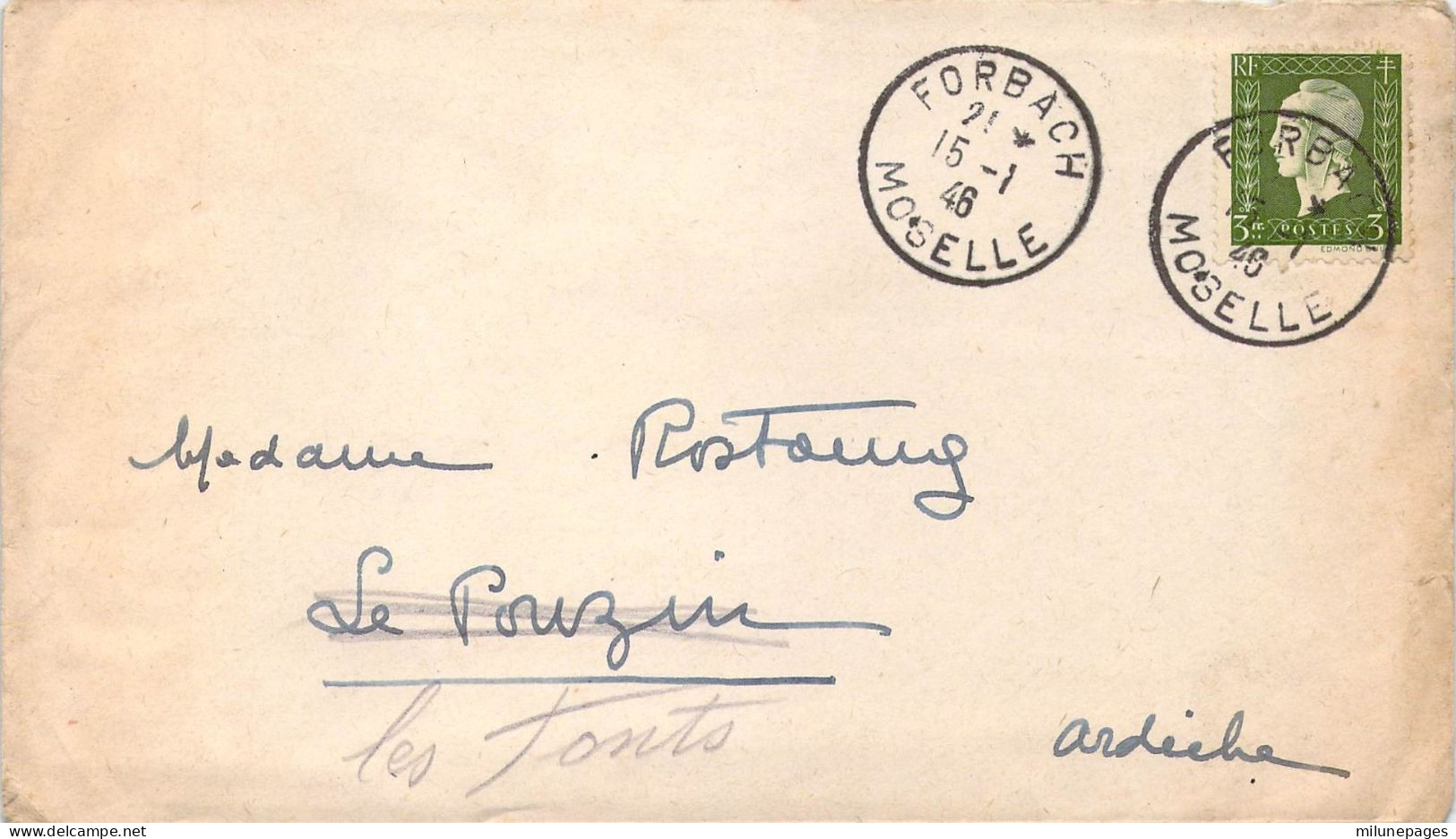 Oblitération Forbach Très Bien Frappée Sur Marianne Dulac 3 Frc Vert Seul Sur Lettre 15-1-1946 - Manual Postmarks
