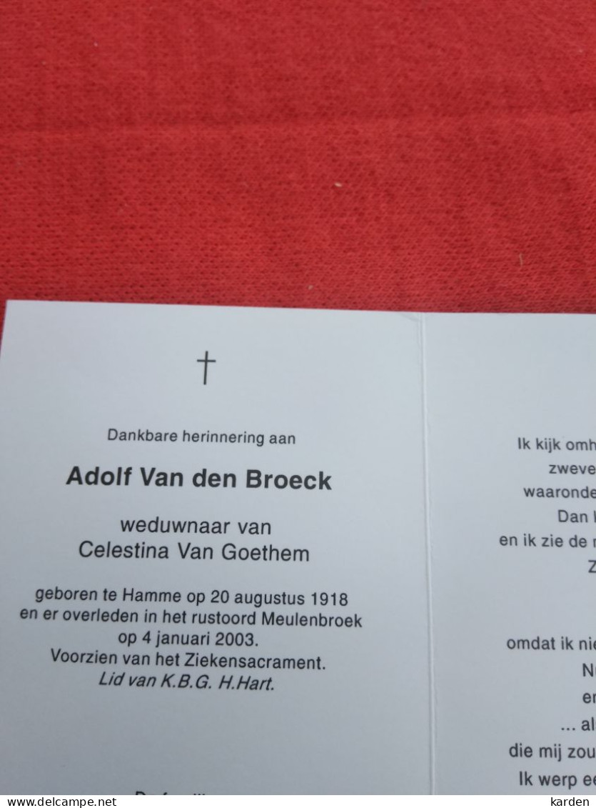 Doodsprentje Adolf Van Den Broeck / Hamme 20/8/1918 - 4/1/2003 ( Celestina Van Goethem ) - Religion & Esotérisme