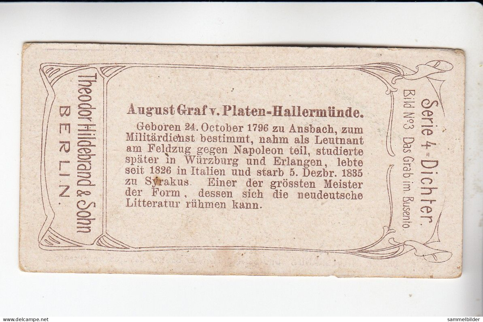 Hildebrand  Dichter August Graf Von Platen - Hallermünde Serie 4 # 3  Von 1910 - Thee & Koffie