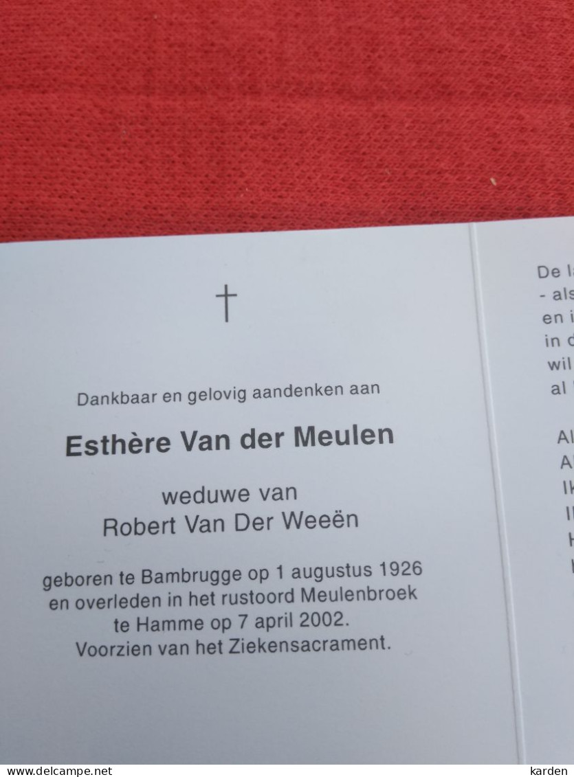 Doodsprentje Esthère Van Der Meulen / Bambrugge 1/8/1926 Hamme 7/4/2002 ( Robert Van Der Weeën ) - Godsdienst & Esoterisme