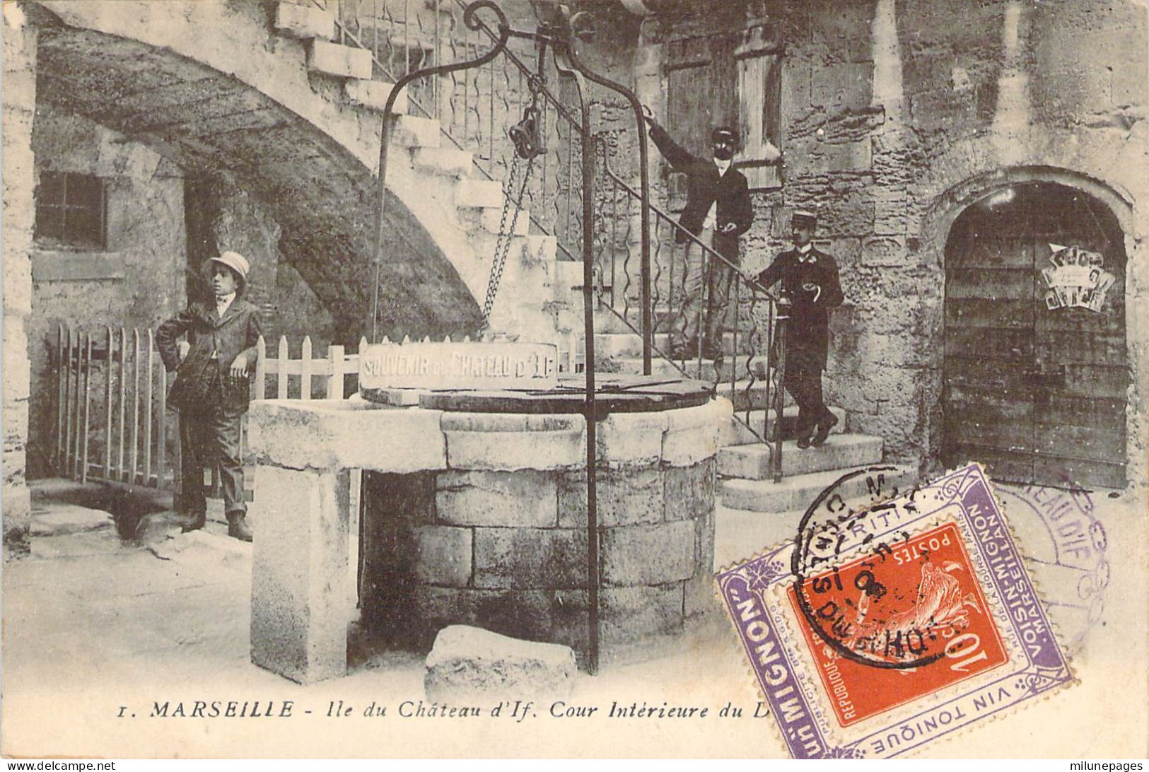 Porte Timbre Vin Tonique Voisin-Mignon Marseillan Avec Semeuse 10c. Sur Carte Postale Chateau D'If 1908 - Autres & Non Classés