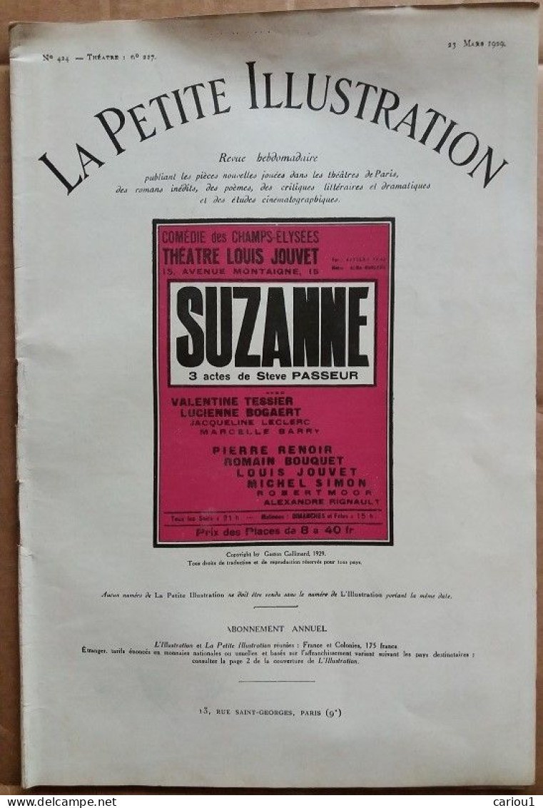 C1  Steve PASSEUR - SUZANNE 1929 Petite Illustration Theatre LOUIS JOUVET  PORT INCLUS France - 1901-1940