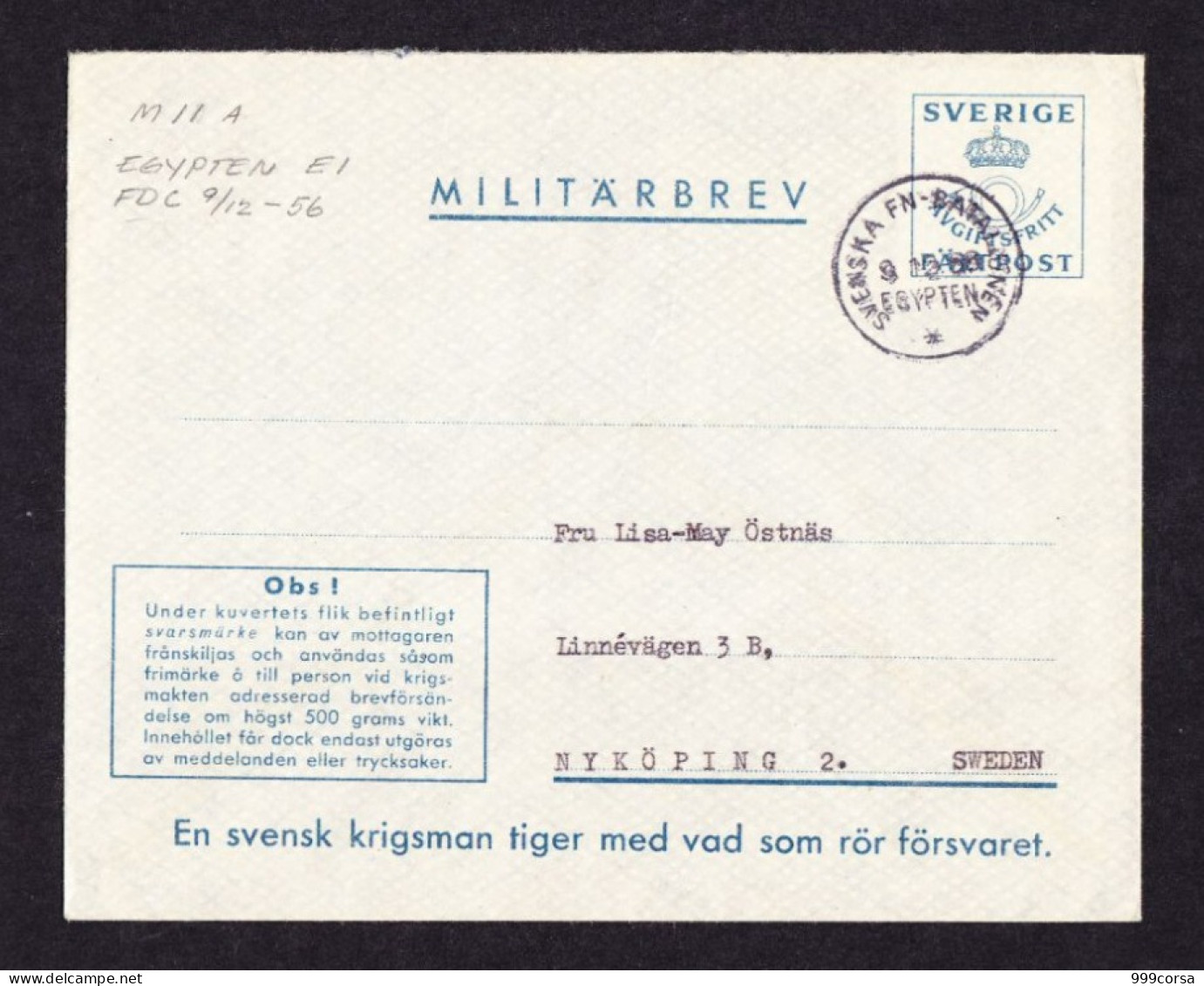 Militari ONU, Batt. Svedese In Egitto UNEF, FDC 9-12-56 Primo Giorno D'uso Del Bollo - Militares