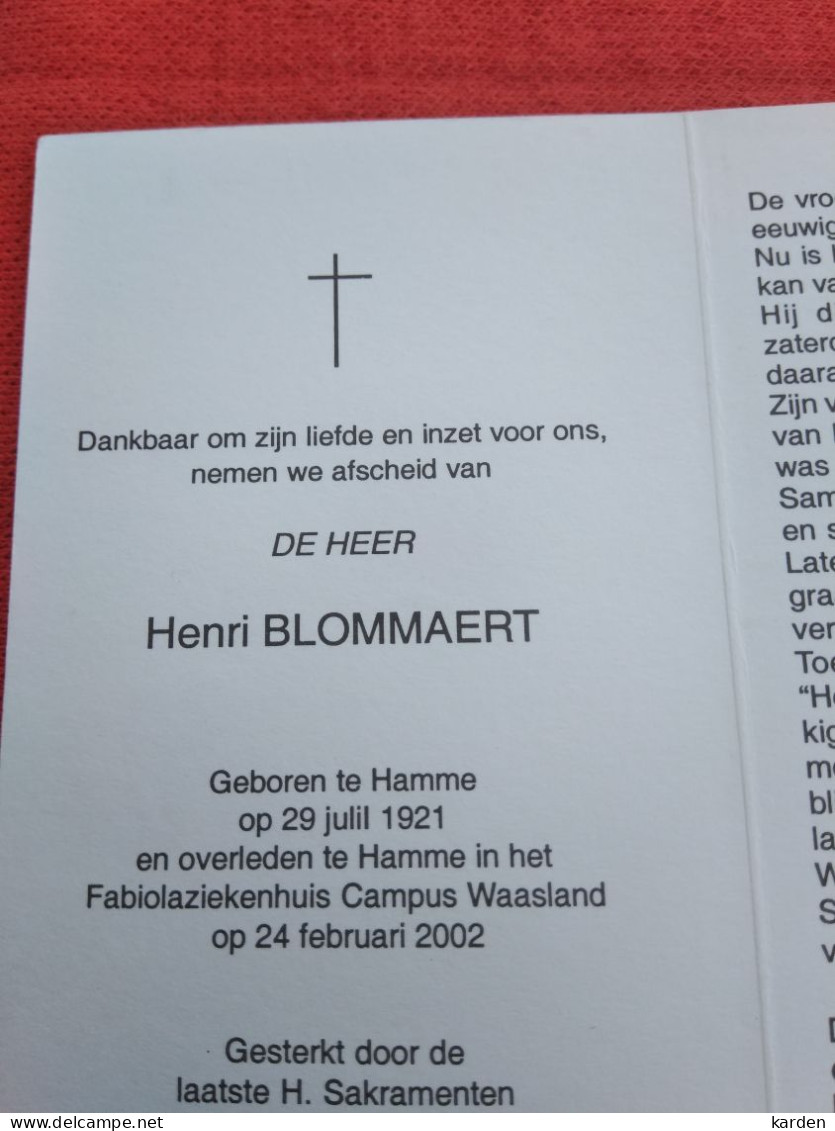 Doodsprentje Henri Blommaert / Hamme 29/7/1921 - 24/2/2002 - Religion & Esotérisme