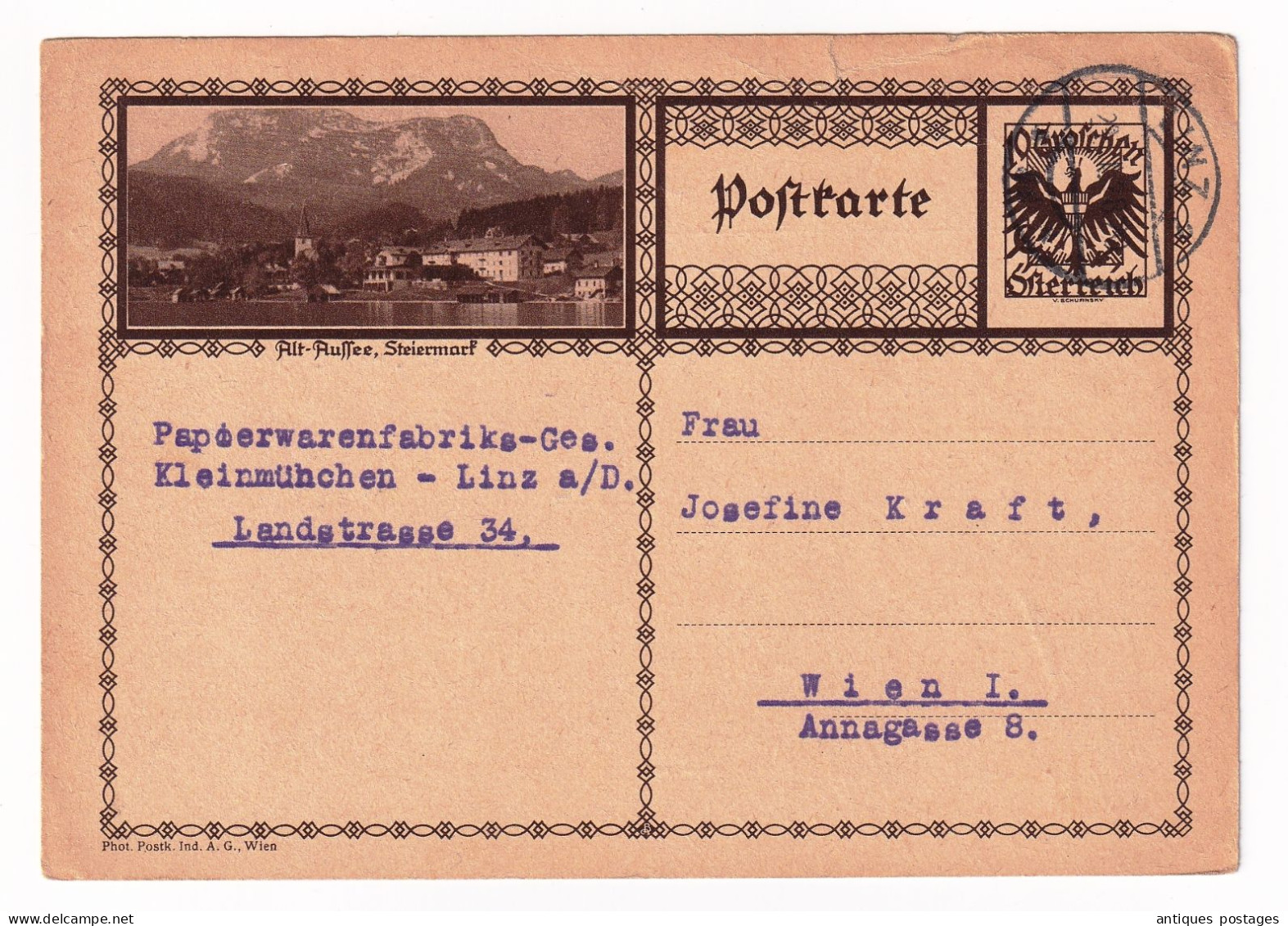 Postkarte 1928 Linz Papierwarenfabrik Österreich Austria Autriche Wien Josefine Kraft - Cartes Postales