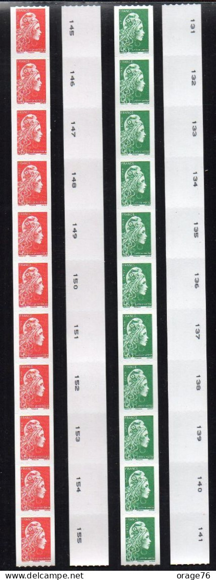 1 BANDE DE 11 ROULETTES ADHÉSIVES TVP VERT ET ROUGE MARIANNE L'ENGAGÉE PHILAPOSTE - Unused Stamps