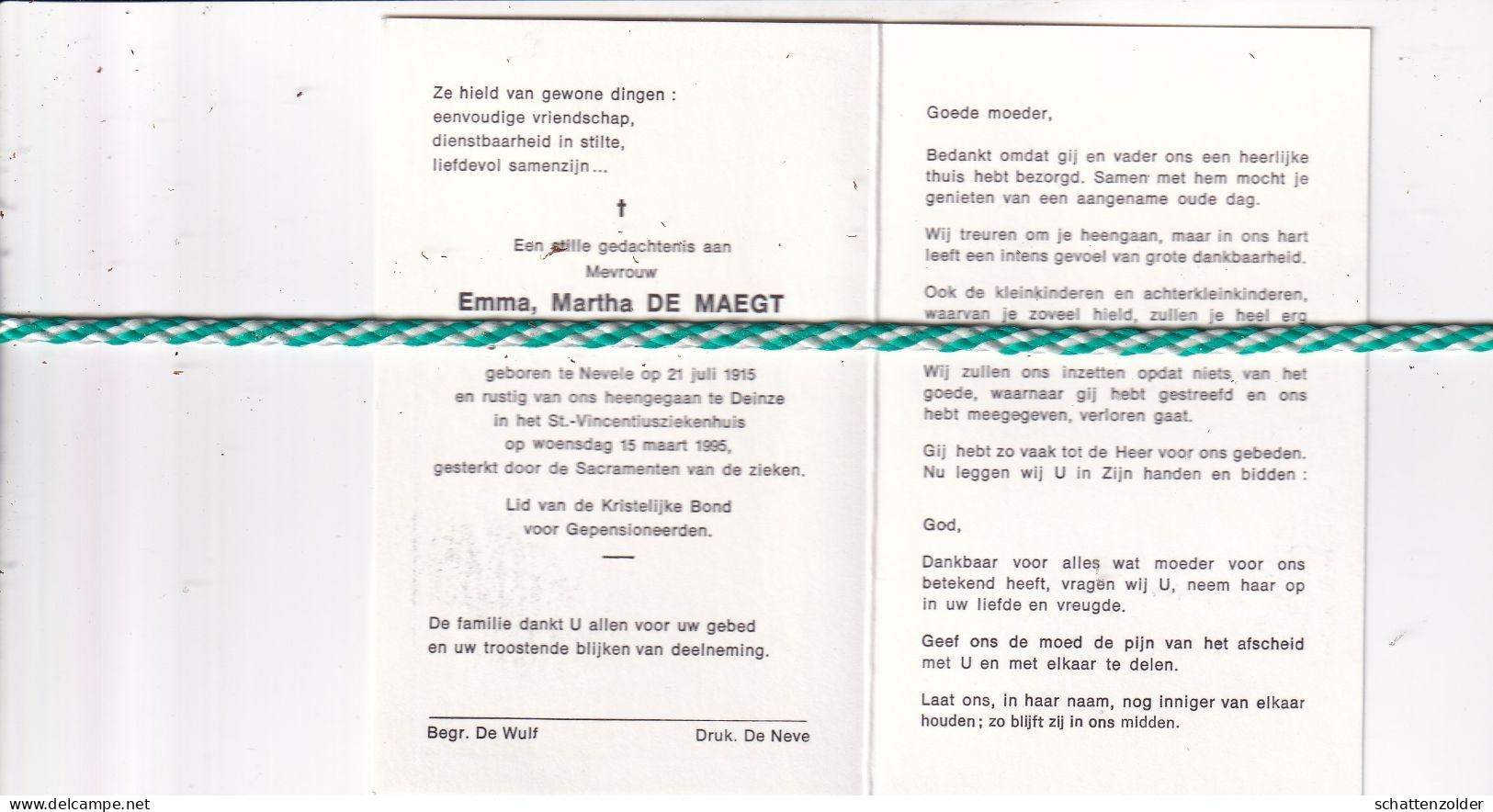 Emma Martha De Maegt-De Pauw, Nevele 1915, Deinze 1995. Foto - Obituary Notices