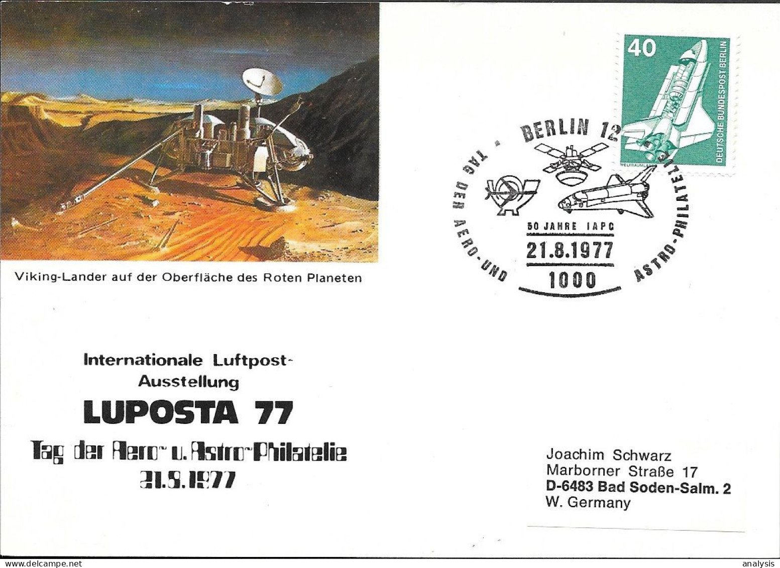 Germany Space Postcard 1977. Mars Lander "Viking 2" - Europe