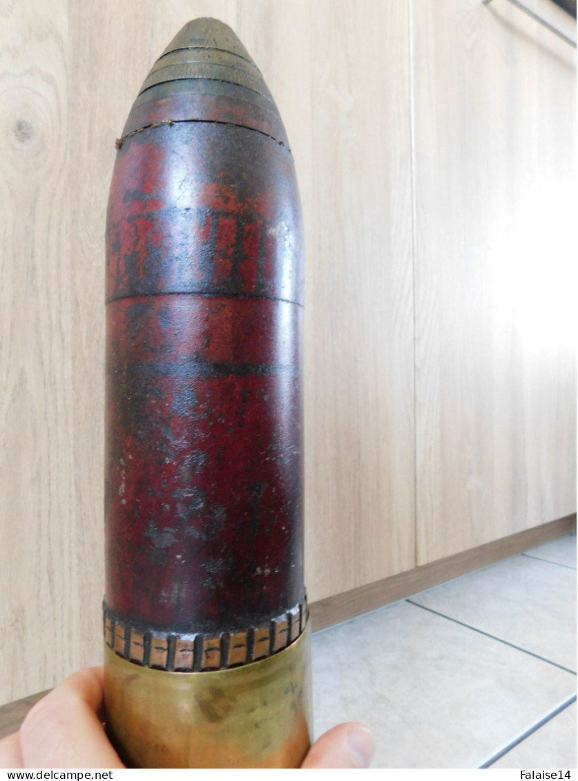 Obus Rouge Allemand Et Douille 1908 Ww1 Neutralisé De 75mm - Decorative Weapons