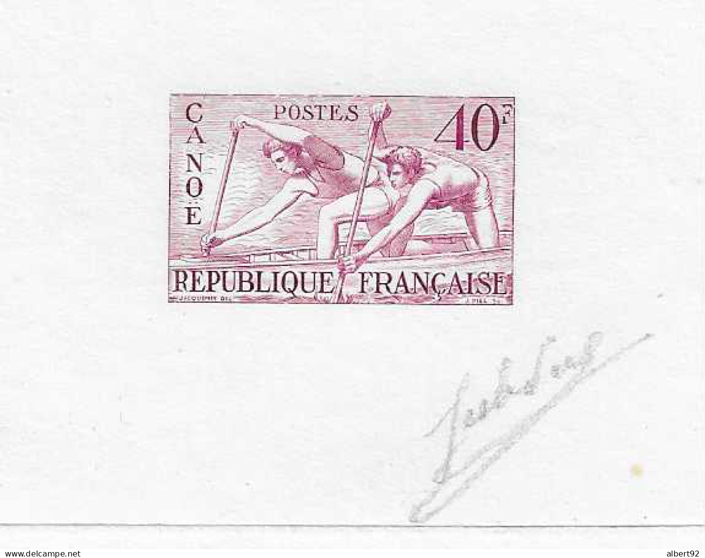 1954 France Yvert 963 (Scott 703). Artist Proof Trial Color, Signed By Jules Piel.Or En Canoë Jeux Olympiques Helsinski - Prueba De Artistas