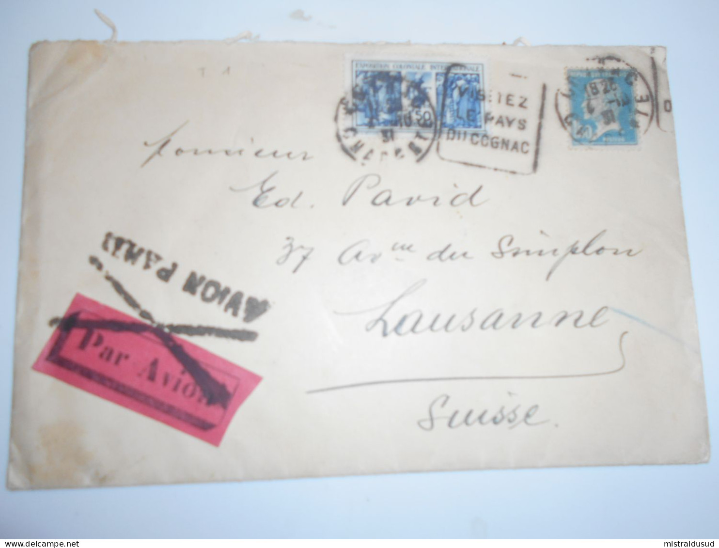 France Poste Aerienne , De Cognaç 1931 Pour Lausanne - 1927-1959 Cartas & Documentos