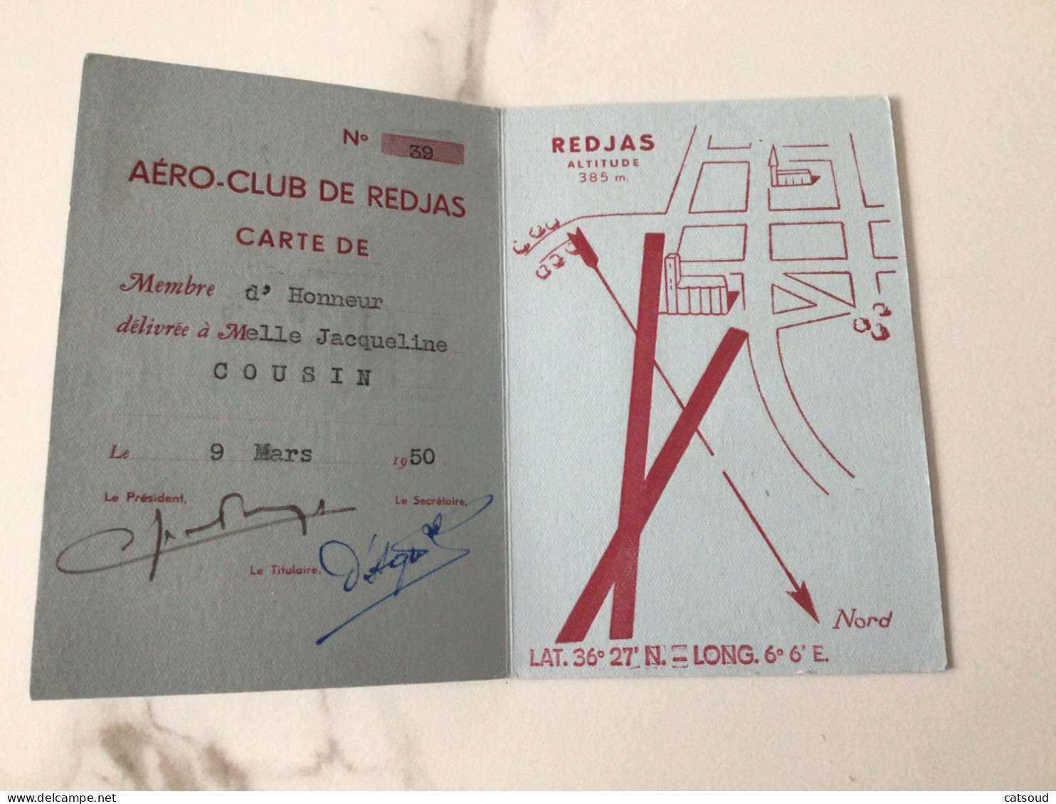 Ancienne Carte De Membre (1950) AÉRO-CLUB DE REDJAS Jacqueline COUSIN - Tarjetas De Membresía