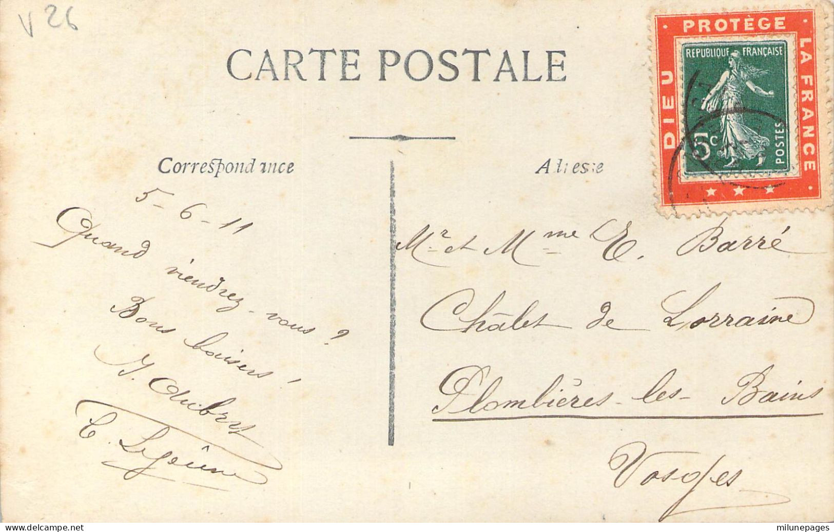Porte Timbre Rouge Dieu Protège La France Semeuse 5c. Vert Sur Carte Postale Fantaisie 1911 - Andere & Zonder Classificatie