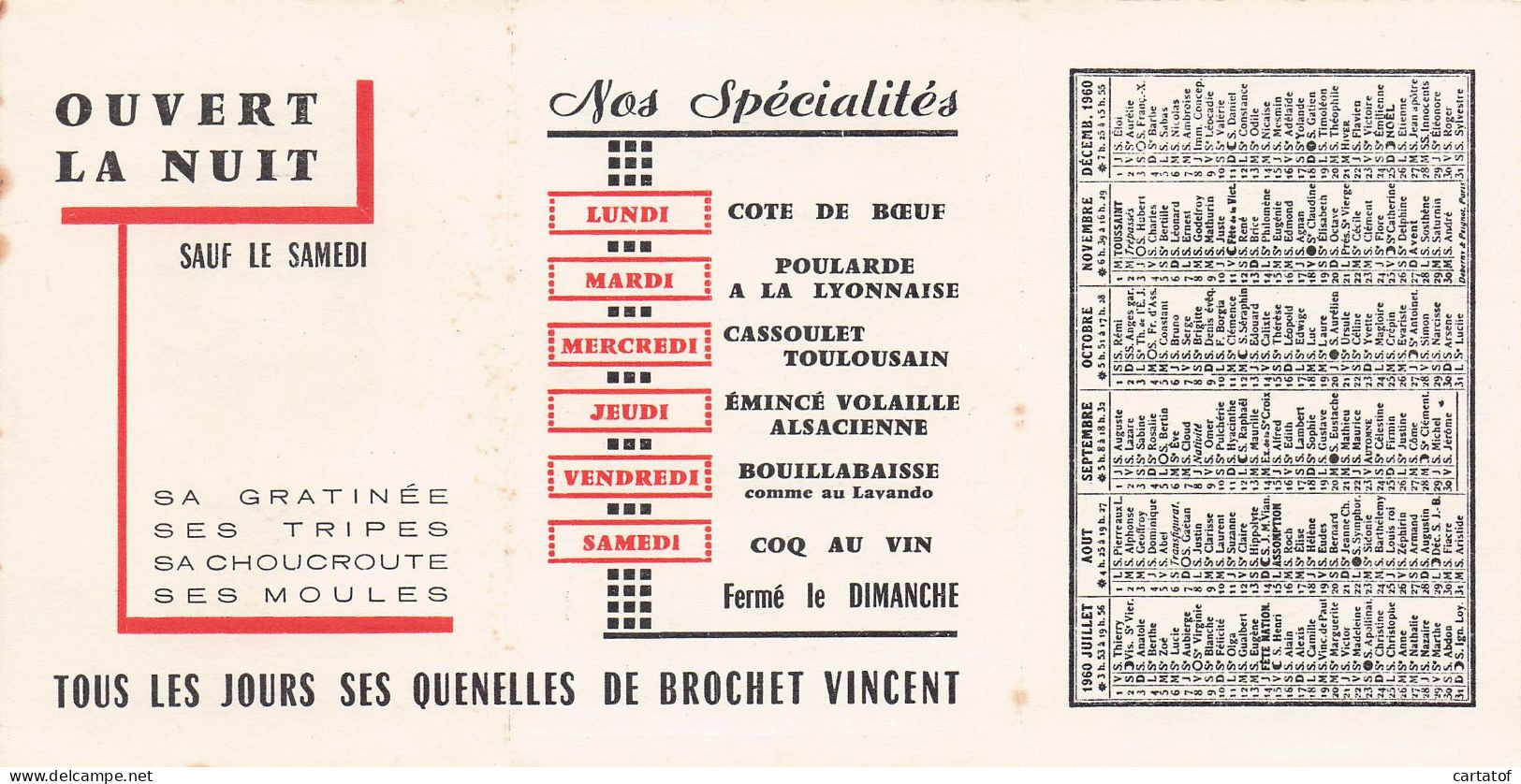 Restaurant ANCIEN GAUCLAIR à BRUGUIERES . Avec Calendrier 1960 - Hotel Keycards