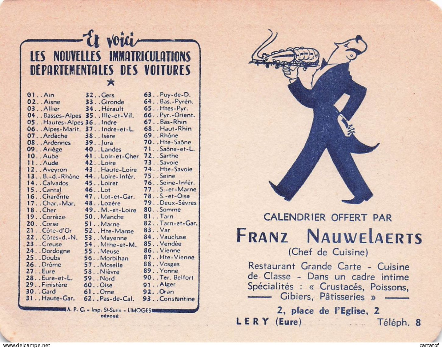 FRANZ NAUWELAERTS Chef De Cuisine à LERY . Crate Calendrier 1954 - Cartas De Hotels
