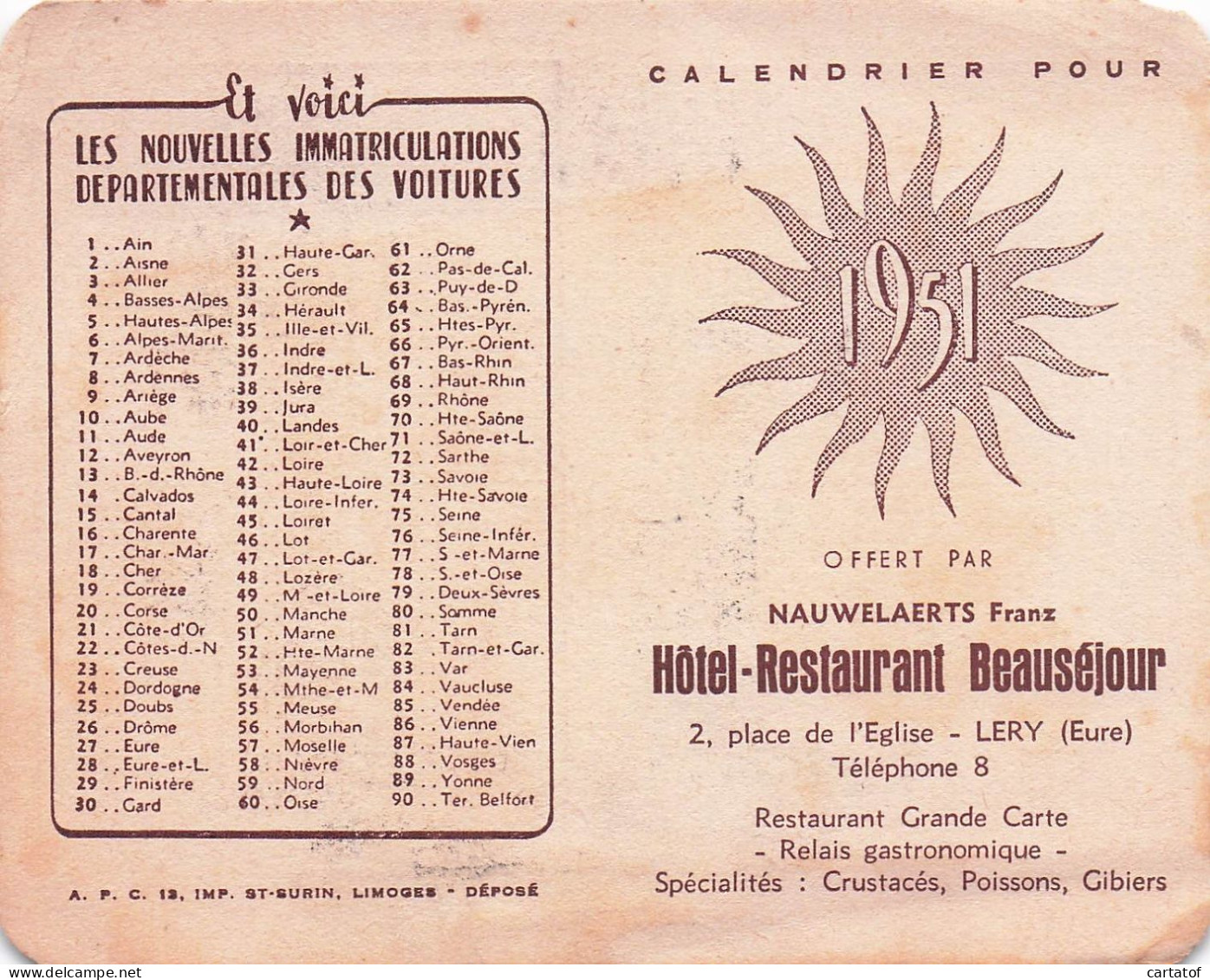 Hôtel Restaurant BEAUSEJOUR à LERY . Carte Calendrier 1951 - Hotelsleutels (kaarten)