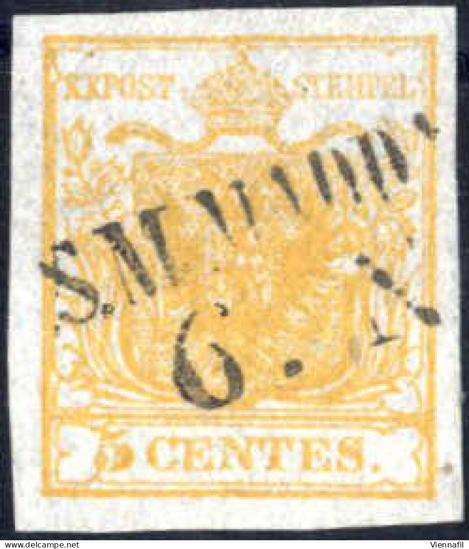 O 1850, 5 Cent. Giallo Arancio I°tipo, Usato, Splendido, Certificato Weißenbichler, Sass. 1g / 275,- - Lombardo-Venetien