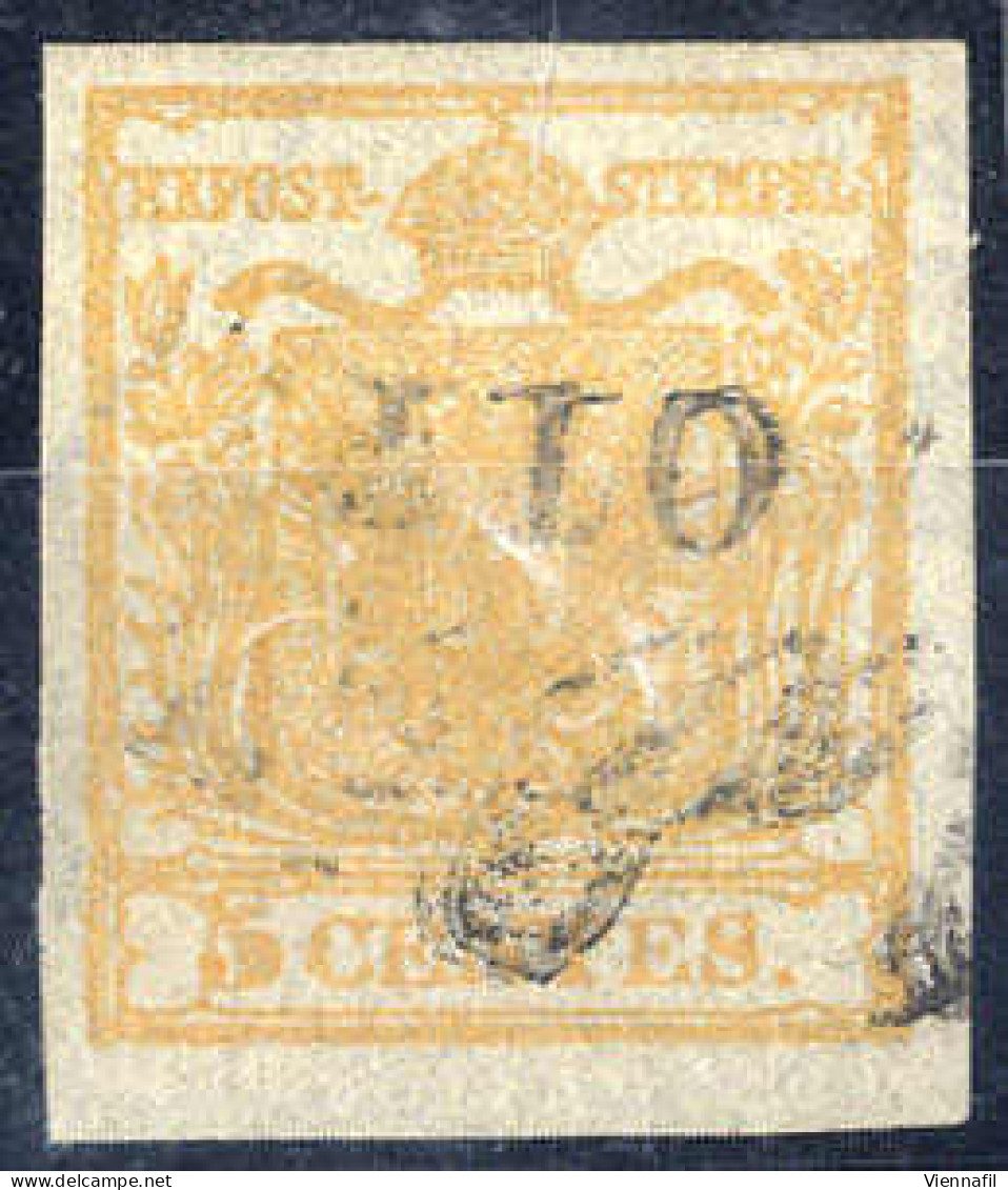 O 1850, 5 Cent. Giallo Arancio, Usato, Cert. Strakosch (Sass. 1g) - Lombardo-Vénétie
