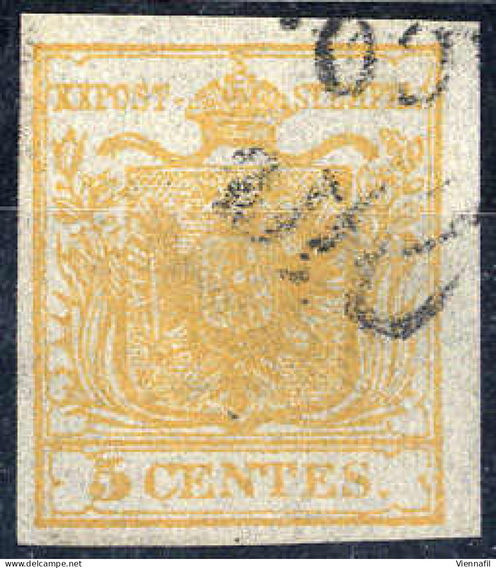 O 1850, 5 Cent. Arancio, Usato, Cert. Strakosch (Sass. 1h) - Lombardo-Vénétie