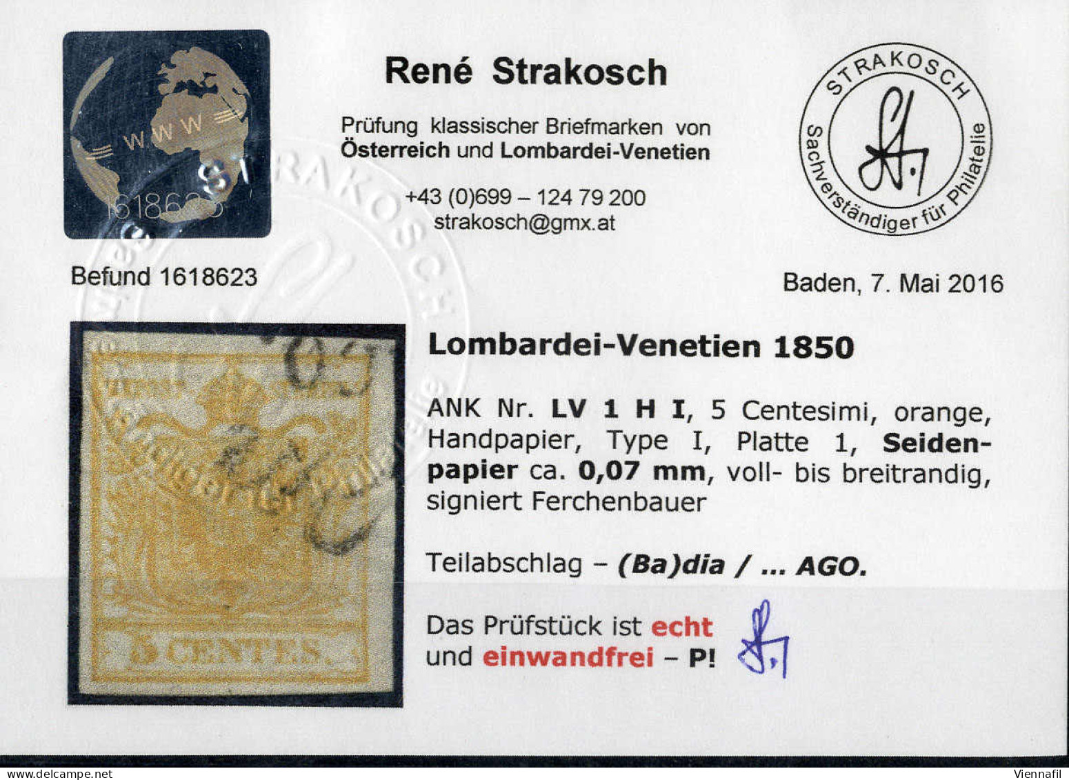 O 1850, 5 Cent. Arancio, Usato, Cert. Strakosch (Sass. 1h) - Lombardy-Venetia