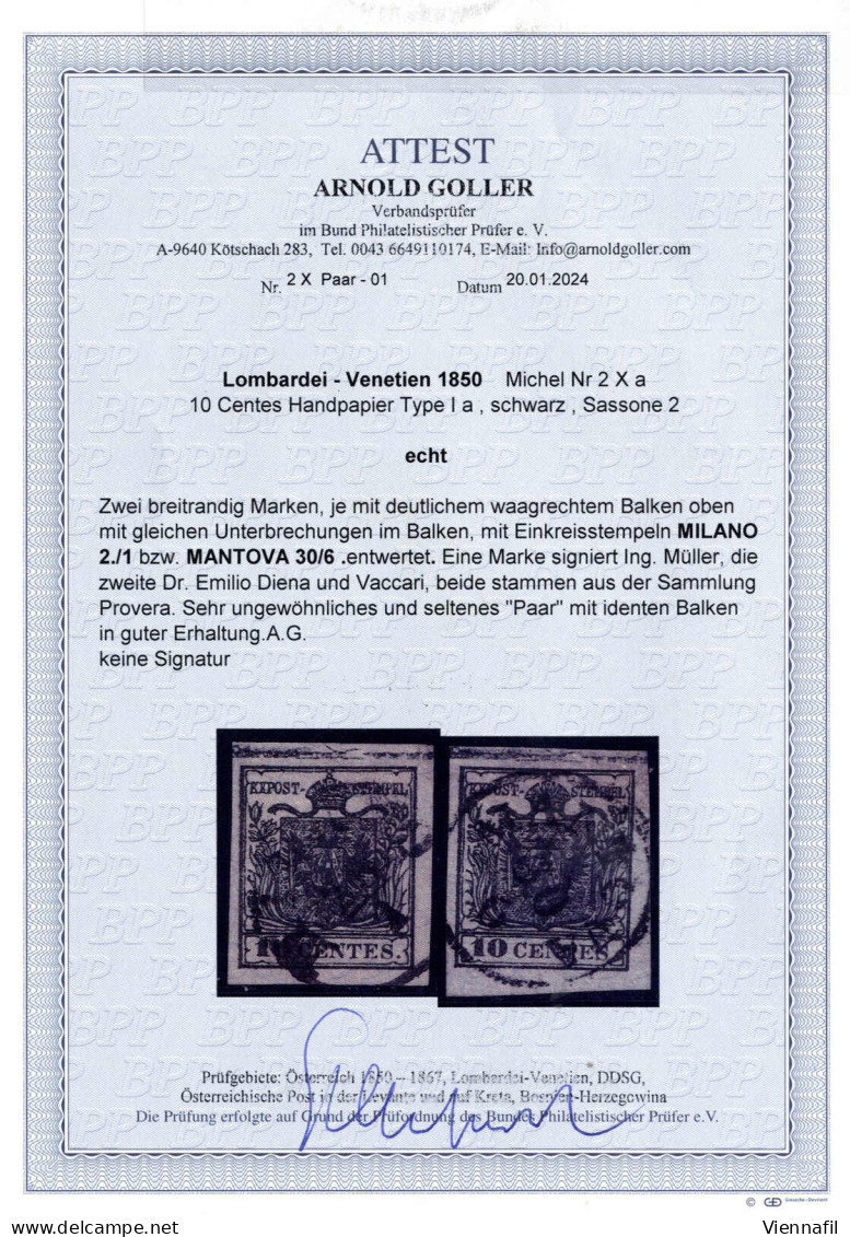 O 1850, 10 Cent. Nero, Carta A Mano, I Tipo, Con Annullo "MANTOVA 30/6", Firmato Müller E Cert. Goller, Sass. 2, Mi. 2 X - Lombardo-Vénétie