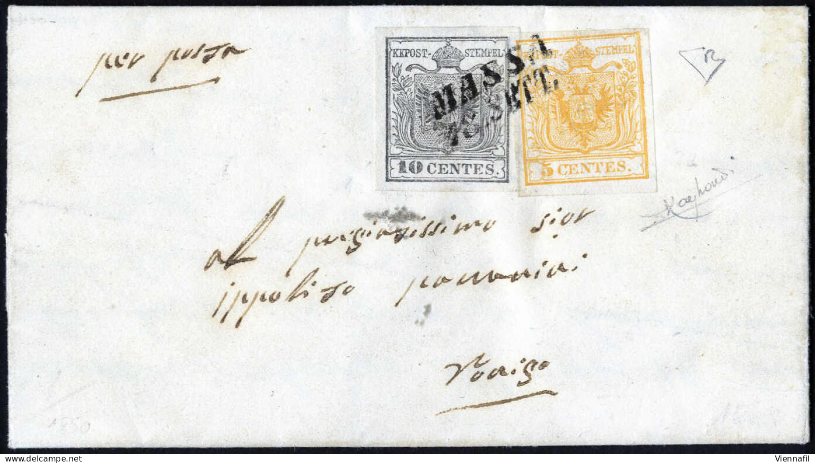 Cover 1850, Lettera Da Massa (SI Punti 4) Del 18.9 Per Rovigo Affrancata Con 5 Cent. Giallo E 10 Cent. Grigio Argenteo C - Lombardo-Vénétie