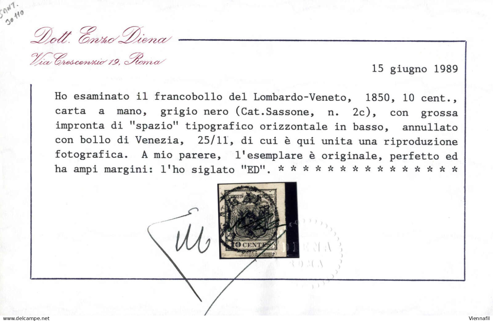 O 1850, 10 Cent. Grigio Nero Carta A Mano Con Spazio Tipografico In Basso, Cert. Enzo Diena, Sass. 2g - Lombardo-Venetien