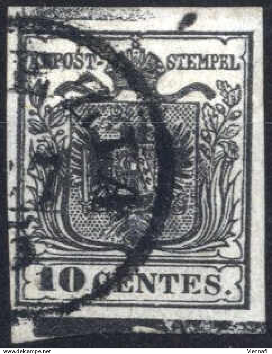 O 1850, 10 Cent. Nero Carta A Mano Con Spazio Tipografico In Alto Ed In Basso, Cert. Enzo Diena, Sass. 2g - Lombardy-Venetia