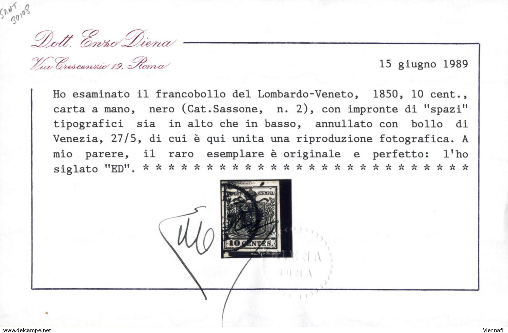 O 1850, 10 Cent. Nero Carta A Mano Con Spazio Tipografico In Alto Ed In Basso, Cert. Enzo Diena, Sass. 2g - Lombardy-Venetia