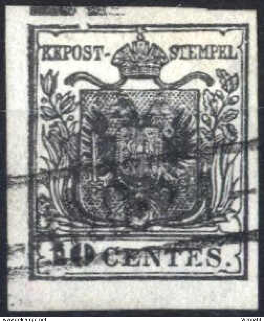 O 1850, 10 Cent. Nero Carta A Mano Con Spazio Tipografico In Alto, Cert. Enzo Diena, Sass. 2g - Lombardo-Venetien