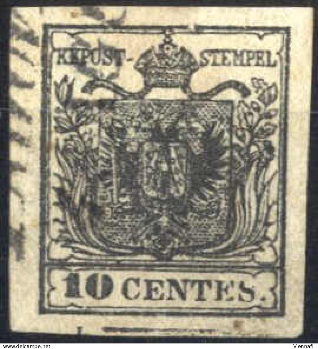 O 1850, 10 Cent. Nero Carta A Mano Con Spazio Tipografico In Basso, Firmato AD, Sass. 2g - Lombardo-Vénétie