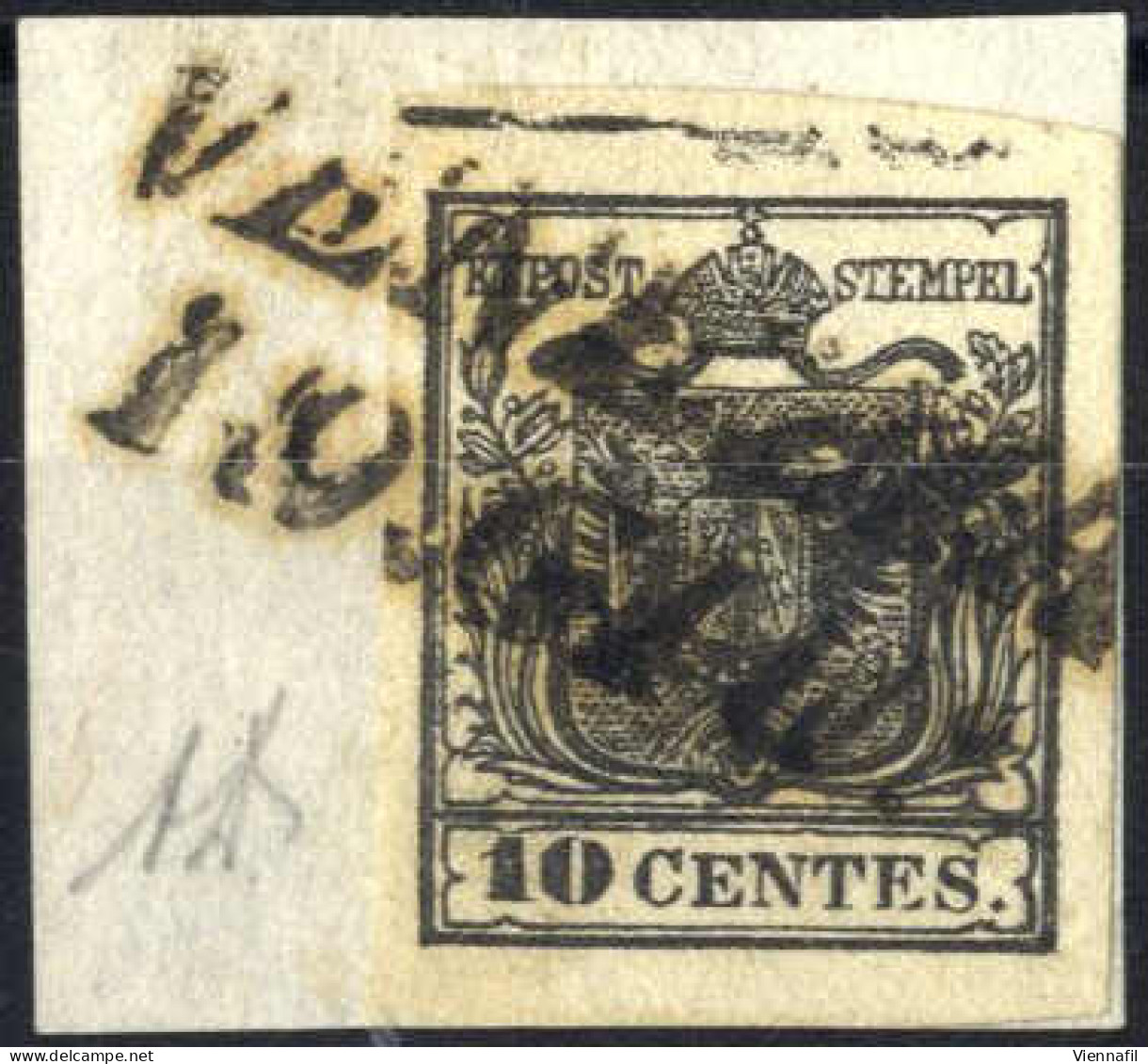 Piece 1850, Frammento Con 10 Cent. Nero Carta A Mano Con Spazio Tipografico In Alto, Firmato AD, Sass. 2g - Lombardo-Vénétie