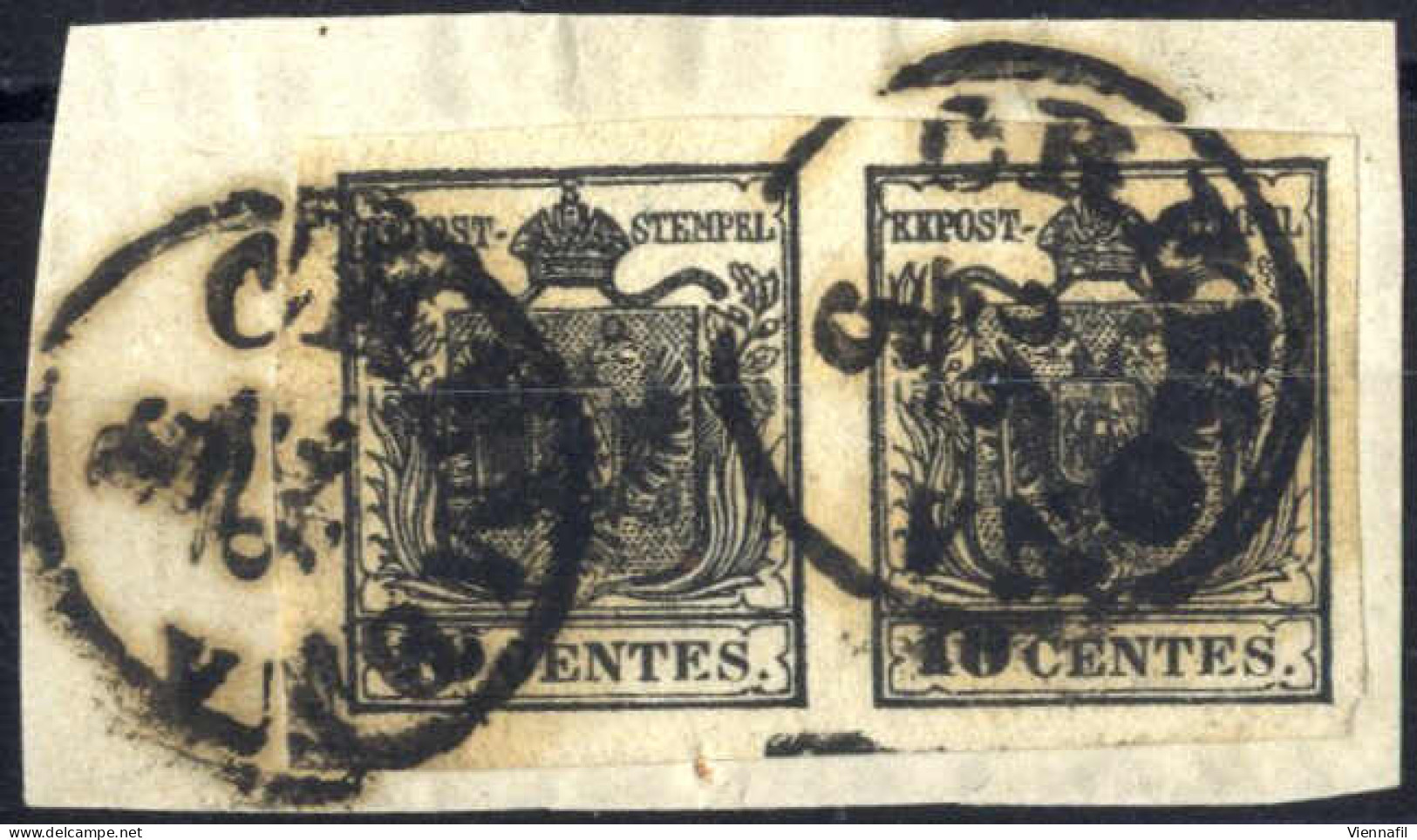 Piece 1850, Frammento Con Coppia 10 Cent. Nero Intenso Carta A Mano Con Spazio Tipografico In Basso, Sass. 2g - Lombardo-Venetien