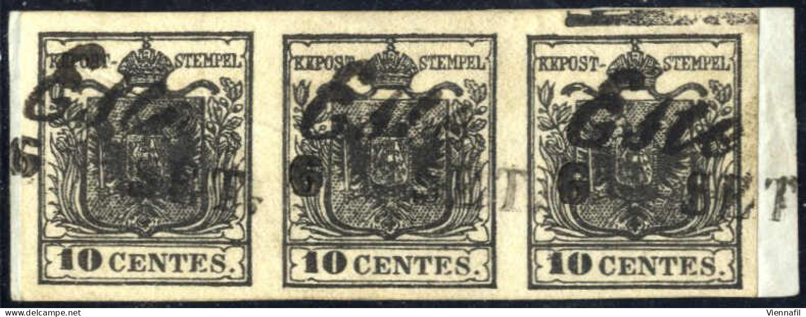 Piece 1850, Frammento Con Striscia Di Tre (tipo A+a+b) 10 Cent. Nero Intenso Carta A Mano Con Spazio Tipografico In Alto - Lombardo-Vénétie