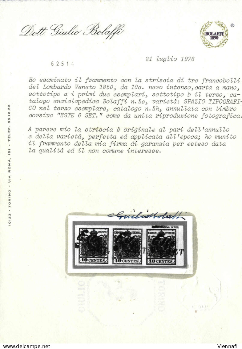 Piece 1850, Frammento Con Striscia Di Tre (tipo A+a+b) 10 Cent. Nero Intenso Carta A Mano Con Spazio Tipografico In Alto - Lombardo-Venetien