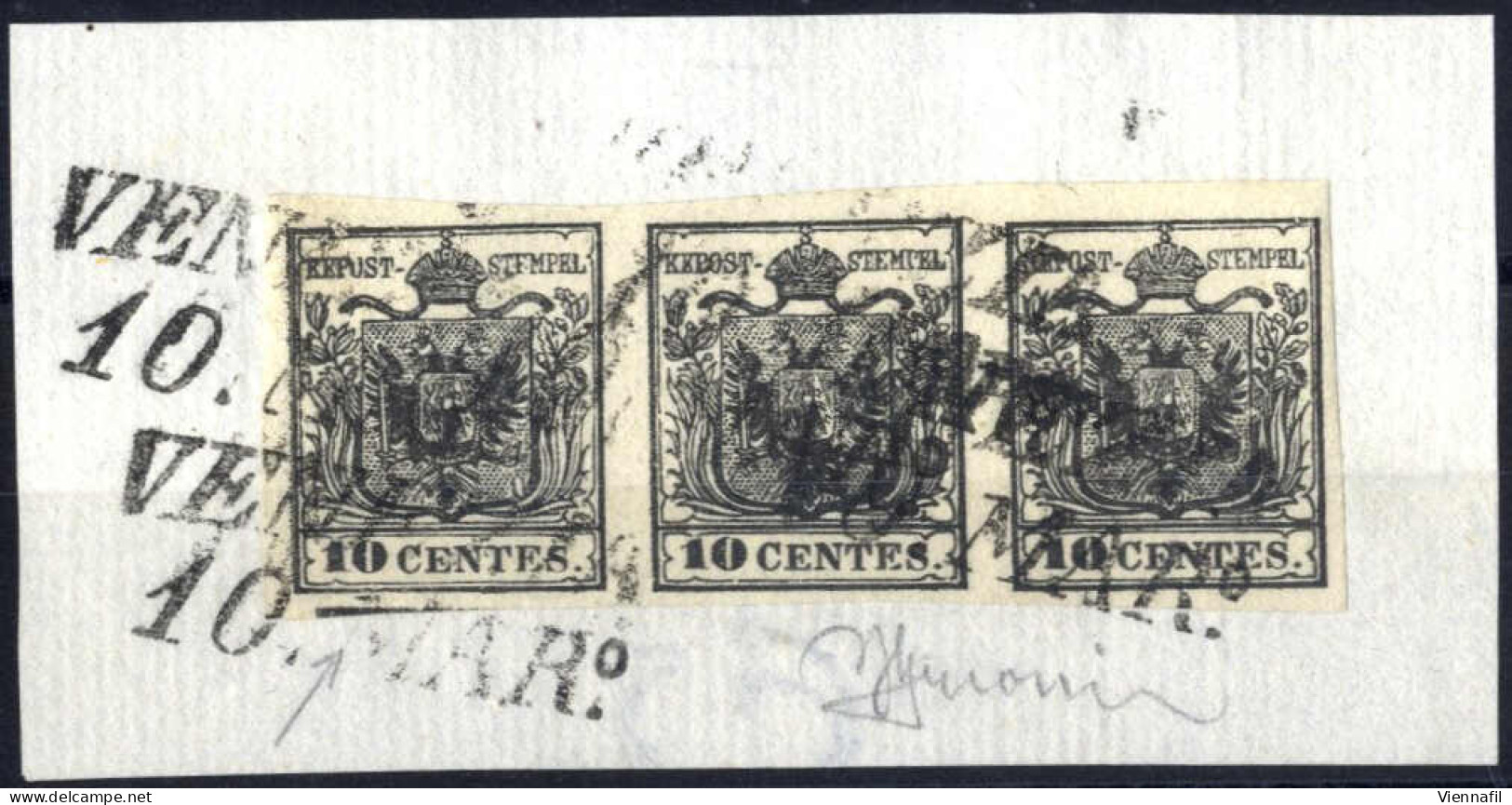 Piece 1850, Frammento Con Striscia Verticale Di Tre 10 Cent. Nero Carta A Mano Con Spazio Tipografico In Basso Sul Valor - Lombardo-Venetien
