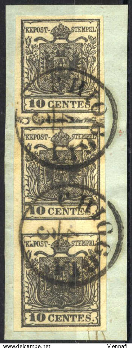 Piece 1850, Frammento Con Striscia Verticale Di Tre 10 Cent. Nero Intenso Carta A Mano Con Spazio Tipografico Tra Il Pri - Lombardo-Vénétie