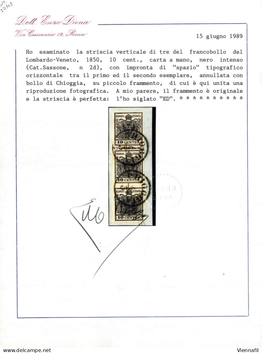 Piece 1850, Frammento Con Striscia Verticale Di Tre 10 Cent. Nero Intenso Carta A Mano Con Spazio Tipografico Tra Il Pri - Lombardo-Vénétie