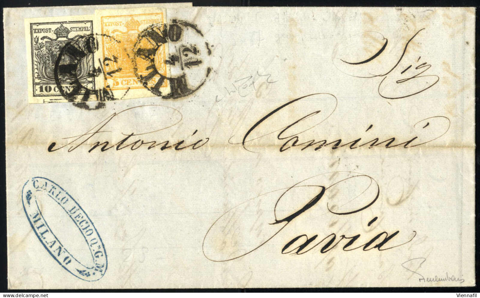 Cover 1850, Lettera Da Milano Il 4.12 Per Pavia Affrancata Con 5 Cent. Arancio E 10 Cent. Nero Carta A Mano Con Spazio T - Lombardo-Venetien