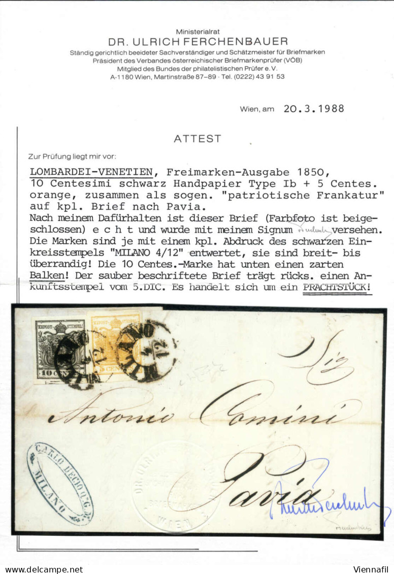 Cover 1850, Lettera Da Milano Il 4.12 Per Pavia Affrancata Con 5 Cent. Arancio E 10 Cent. Nero Carta A Mano Con Spazio T - Lombardo-Vénétie