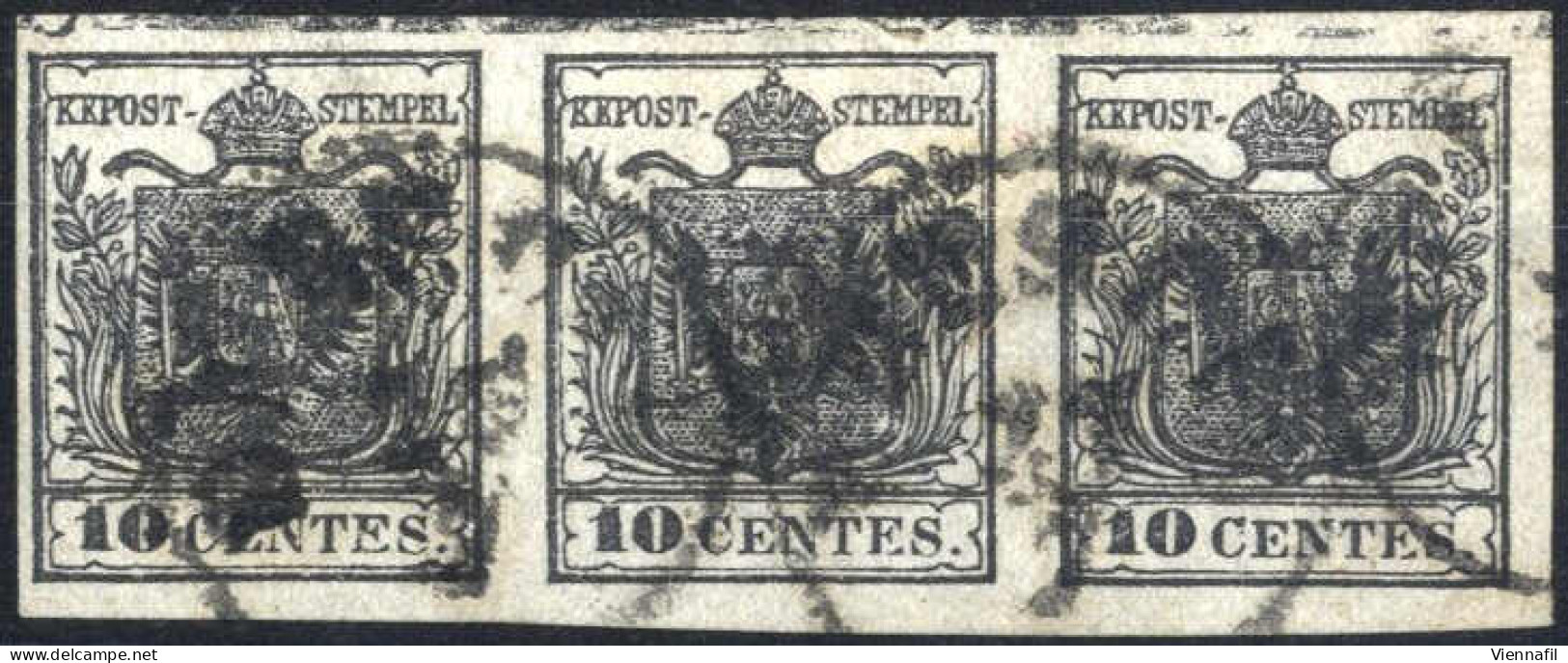 O 1850, Striscia Di Tre 10 Cent. Nero Carta A Mano Con Spazio Tipografico In Alto Su Tutti I Valori, Cert. Alberto Diena - Lombardo-Vénétie