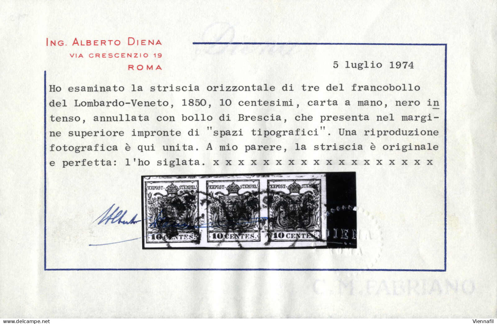 O 1850, Striscia Di Tre 10 Cent. Nero Carta A Mano Con Spazio Tipografico In Alto Su Tutti I Valori, Cert. Alberto Diena - Lombardy-Venetia
