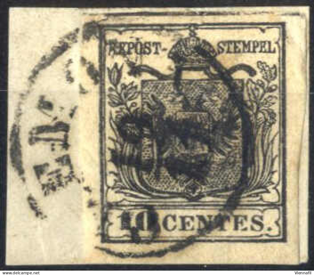 O 1850, Striscia Di Tre 10 Cent. Nero Carta A Mano Con Spazio Tipografico In Alto Sul Valore Di Destra, Sass. 2g - Lombardy-Venetia