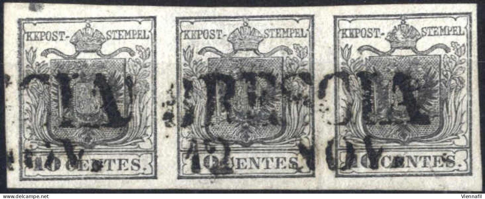 O 1850, Striscia Di Tre 10 Cent. Nero Carta A Mano Con Spazio Tipografico Sul Valore Di Sinistra, Cert. Enzo Diena, Sass - Lombardo-Vénétie