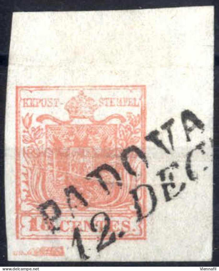 O 1850, 15 Cent. Rosa Tipo II, Carta A Mano, III Tavola, Bordo Di Foglio Superiore Destro (leggera Piega Orizzontale) E  - Lombardo-Vénétie