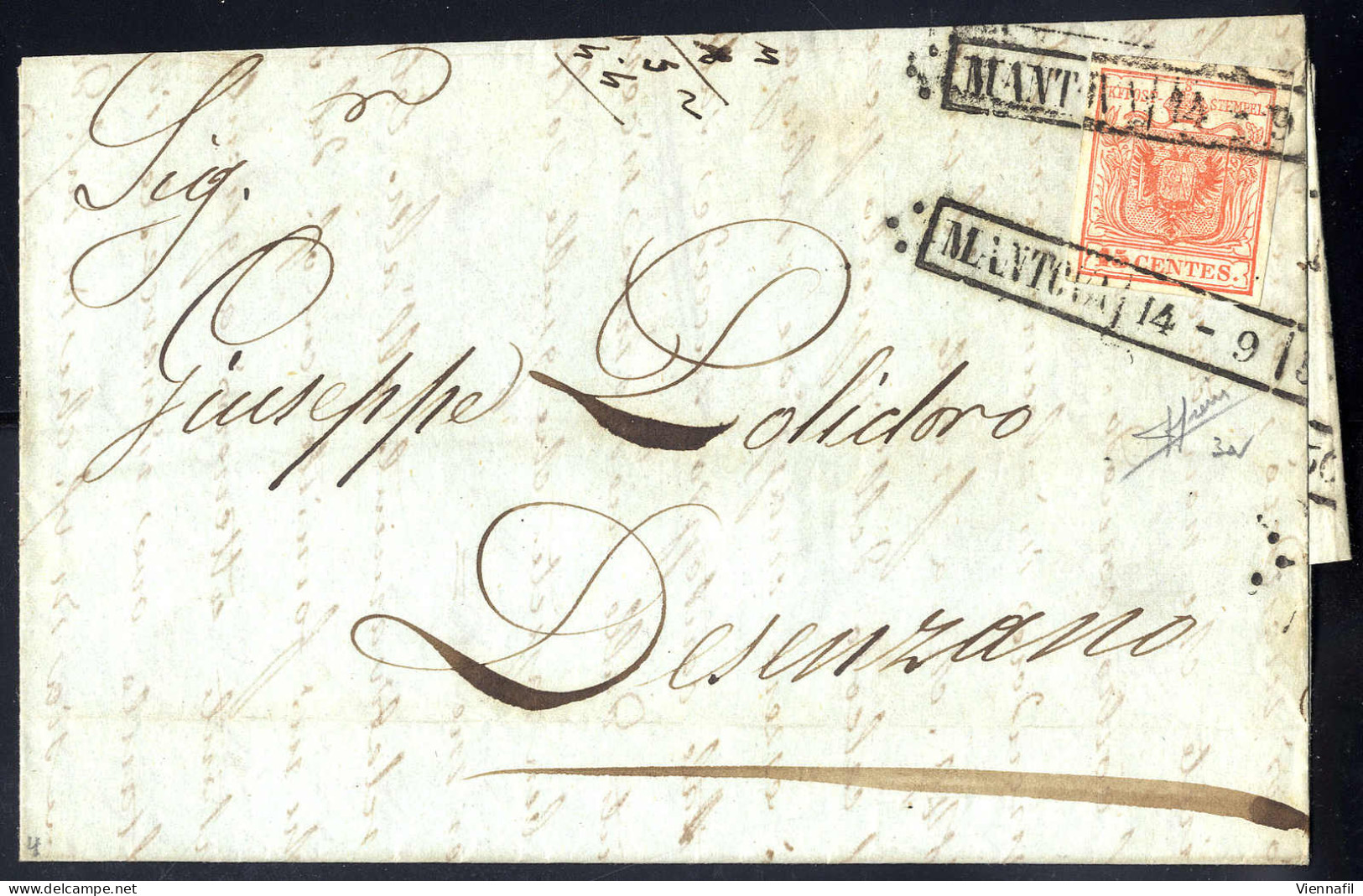 Cover 1850, 15 Cent. Rosso, Prima Tiratura, Su Lettera Da Mantova, Firm. Sorani (Sass. 3a - ANK 3HI - Erstdruck) - Lombardy-Venetia