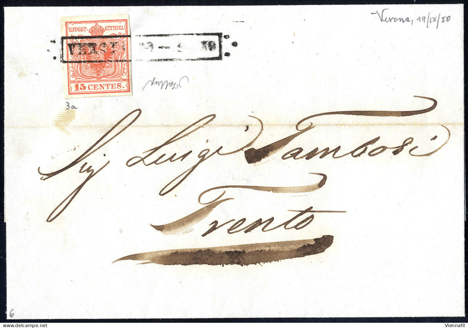 Cover 1850, 15 Cent. Rosso, Prima Tiratura, Su Lettera Da Verona, Firm. Caffaz (Sass. 3a - ANK 3HI - Erstdruck) - Lombardy-Venetia