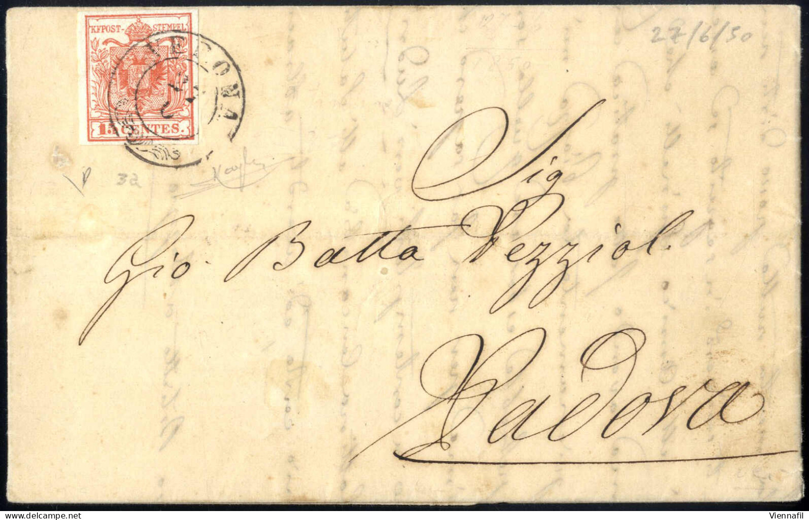 Cover 1850, Lettera Da Verona Del 27.6 Primo Mese D'uso Per Padova Affrancata Con 15 C Rosso Carta A Mano I Tipo Prima T - Lombardy-Venetia