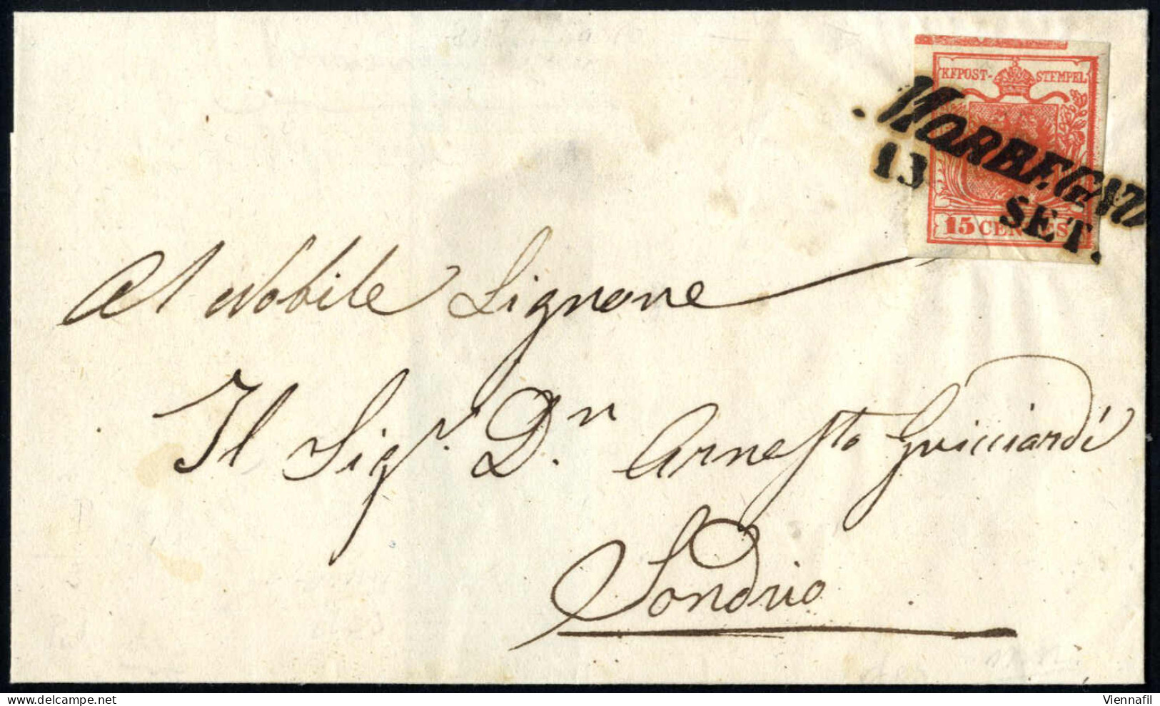 Cover 1850, Lettera Da Morbegno 13.SET Per Sondrio (Sass. 5P), Affrancata Con 15 Cent. Rosso Tipo I Carta A Mano, Cert.  - Lombardy-Venetia